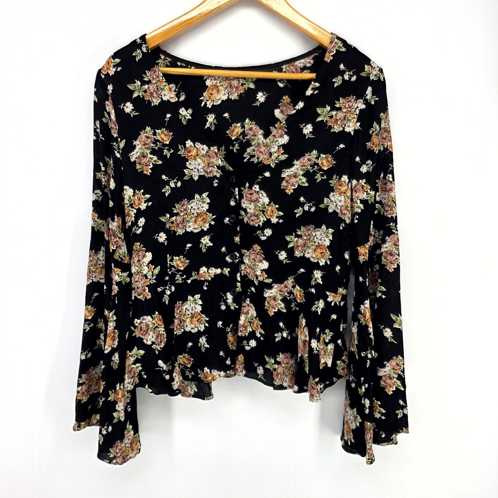 Vetta Floral Peplum Blouse Womens Small Black Bell Sleeve Rayon Button Front Top